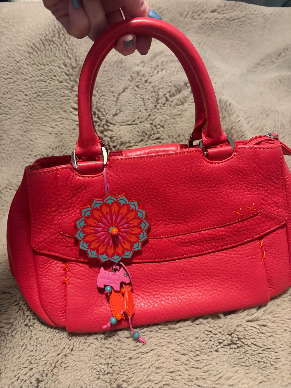 RADLEY LONDON Bright Red Pebbled Leather Tote with Floral Charm